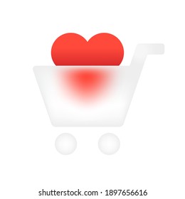 Glass morphism shopping cart with heart inside vector eps 10 illustration