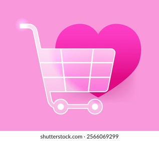 Glass morphism shopping cart icon with heart on pink background. Valentine’s Day market vector symbol 