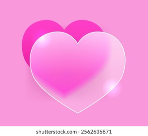 Glass morphism simple heart on pink background. Valentine’s Day love vector symbol