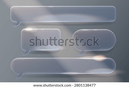 Glass morphism speech bubble set isolated on background. Vector realistic illustration of transparent 3D message boxes with light gloss effect, modern chat icons for UI design, glowing text frames