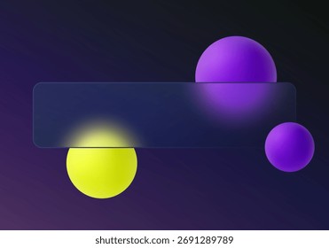 Glass morphism style background with glowing purple and yellow spheres and horizontal transparent banner for modern digital design.