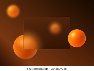 Glass morphism style background with orange spheres on dark brown background