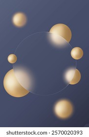 Glass morphism style background, transparent frosted round glass partition with spheres on dark background.