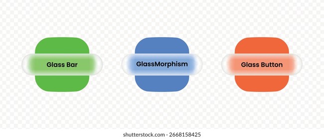 Conjunto de Botones de estilo morfismo de vidrio. Barra de cristal transparente para el diseño de UI. Barra de vidrio verde, azul y naranja, Elementos de diseño