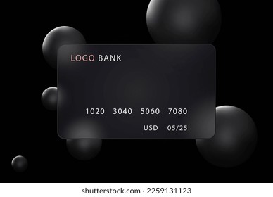 Glass morphism style. Credit card icon. Cashless payment concept. Realistic glass morphism effect with dark spheres.