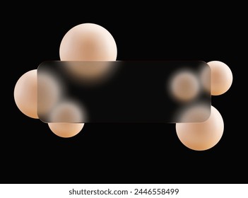 Glass morphism style. Floating blurred peach colored spheres on a black background with a rectangular transparent banner with rounded corners.