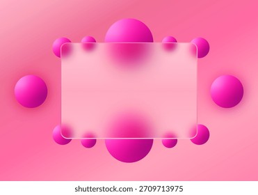 Marco de estilo morfismo de vidrio entre numerosas esferas 3D de color rosa brillante sobre un fondo monocromo. Eps 10