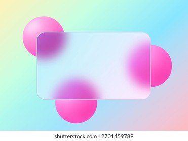Marco de estilo morfismo de vidrio con esferas 3D rosadas sobre un fondo degradado vibrante. Eps 10