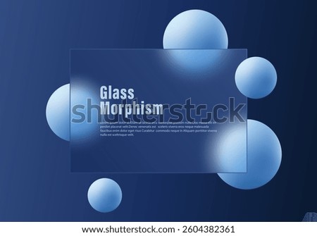Glass morphism style illustration. Dark blue background with transparent info panel and floating spheres. Website landing page template.