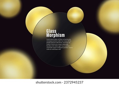 Glass morphism style. Realistic effect. Transparent glass banner with golden spheres.