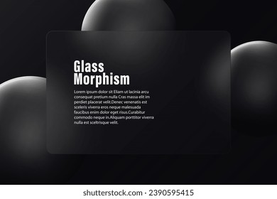 Glasmorphismus. Rechteckiges Glasbanner oder Bankkarte mit abgerundeten Ecken. Unmittelbares Zahlungskonzept. Realistischer Glasmorphismus auf dunklem Hintergrund mit schwarzen Kugeln.