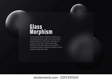 Glasmorphismus. Rechteckiges Glasbanner oder Bankkarte mit abgerundeten Ecken. Unmittelbares Zahlungskonzept. Realistischer Glasmorphismus auf dunklem Hintergrund mit schwarzen Kugeln.