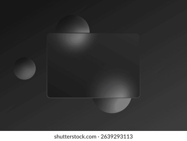 Glass morphism style. Rectangular glass banner or bank card with rounded corners. Cashless payment concept. Realistic glass morphism effect on dark background with dark spheres.