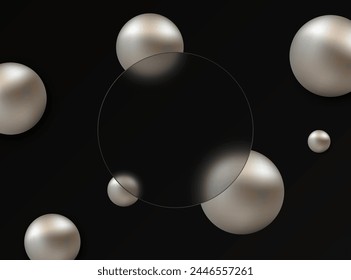 Glass morphism style. Round glass transparent banner with 3D spheres in platinum metal color.