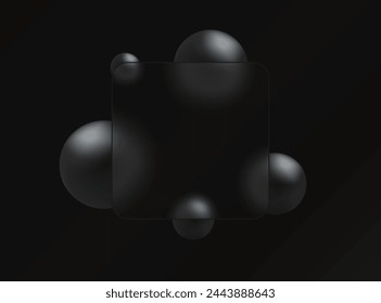 Glass morphism style. Square glass banner on black background. Realistic glass morphism effect on a dark background with black spheres.