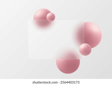 Glass morphism style website landing page template, gradient light background with transparent rectangular partition and floating pink spheres.