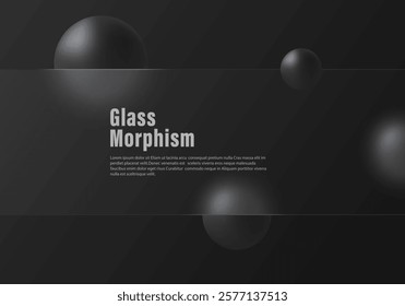 Glass morphism style website landing page template. Horizontal presentation screen with glass overlay effect on black spheres with gradient.