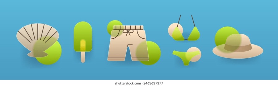 Morfismo de cristal verano playa icono conjunto Anuncio. colección de símbolo de Vector