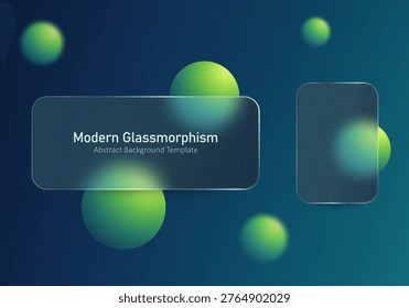 Glass morphism template with a dark translucent banner, floating side card, and green gradient spheres on a blue background for web headers, covers, and presentation layouts.