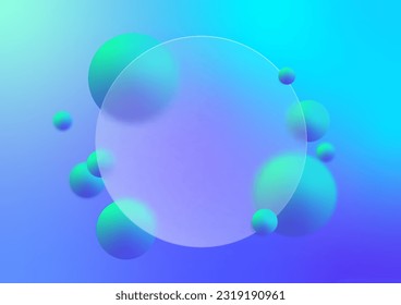 Glass morphism, transparent circle glass and floating green cyan blue gradient color spheres geometric shapes, creativity, business, innovation, cooperation, hi-tech mimimal modern abstract background