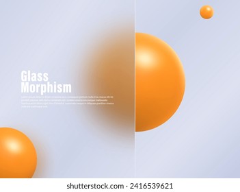 Glass morphism, transparent plate and orange spheres. Website landing page.