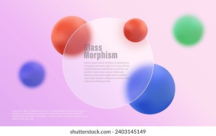 Glass morphism with transparent round frame on colorful gradient, colored spheres.