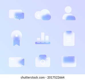 glass morphism trendy style icon set  transparent glass color vector icons and blur   purple gradient  for web   ui design  mobile apps   promo business polygraphy