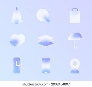 glass morphism trendy style icon set. transparent glass color vector icons with blur and purple gradient. for web and ui design, mobile apps and promo business polygraphy