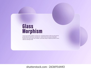 Glass morphism UI layout with frosted panel and lavender 3D spheres on a soft purple background