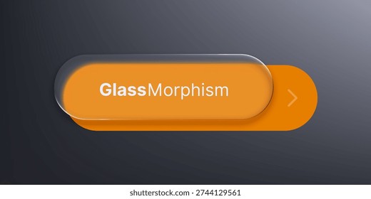 Glass morphism user interface element with text and arrow symbol. Modern liquid button shape. UI UX design trend for digital layout.
