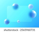 Glass morphism, vector website landing page template. Frosted glass partition with floating blue spheres.