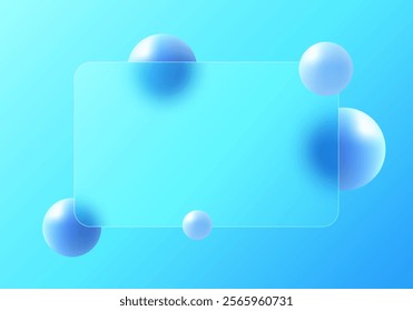 Glass morphism, vector website landing page template. Frosted glass partition with floating blue spheres.