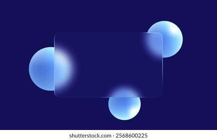 Glass morphism, vector website landing page template. Frosted glass partition with floating blue spheres.