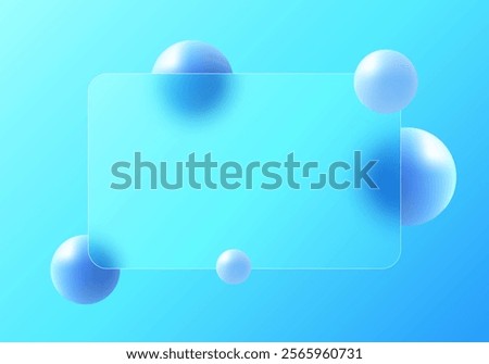 Glass morphism, vector website landing page template. Frosted glass partition with floating blue spheres.