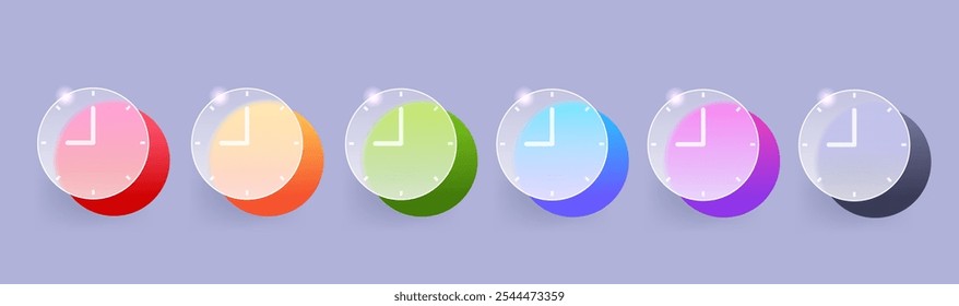 Icono de reloj de morfismo de vidrio establecido en varios colores. Ilustración de elemento de tiempo de Vector