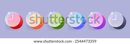 Glass morphism watch clock icon set in various color. Vector time element illustration