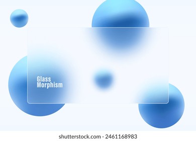 Glass morphism website landing page template. Frosted glass partition with floating blue spheres.