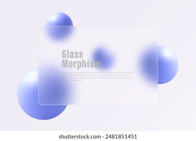 Glass morphism website landing page template. Frosted glass partition with floating blue spheres.