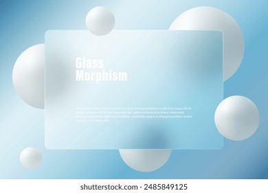 Glass morphism website landing page template. Frosted glass partition with floating spheres.