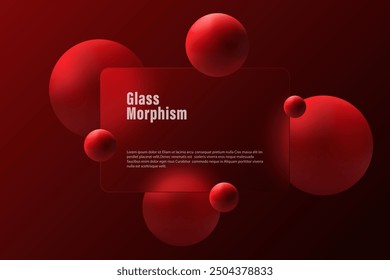 Glass morphism website landing page template. Red background with glass partition and floating red spheres.