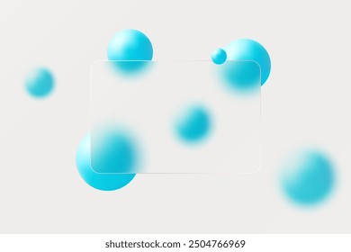 Glass morphism website landing page template. Frosted glass partition with floating blue spheres.