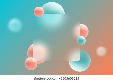 Glass morphism website landing page. Square presentation banner with glass overlay effect on floating color gradient spheres.