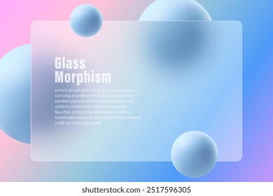 Glass morphism website landing page template. Transparent horizontal presentation screen with glass overlay effect on gradient blue spheres.