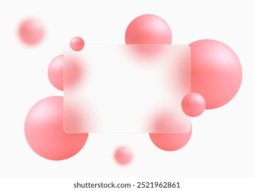 Glass morphism website landing page template. Frosted glass partition with floating pink spheres on white background.