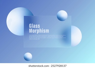 Modelo de página inicial do site Glass Morphism. Tela de apresentação com efeito de sobreposição de vidro em esferas de gradiente flutuante. Efeito de vidro fosco.