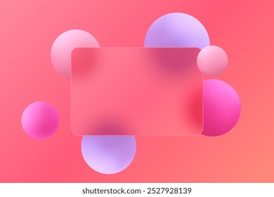 Glass morphism website landing page template. Frosted glass partition with floating spheres.