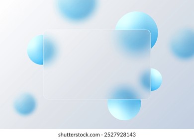 Glass morphism website landing page template. Frosted glass partition with floating blue spheres.