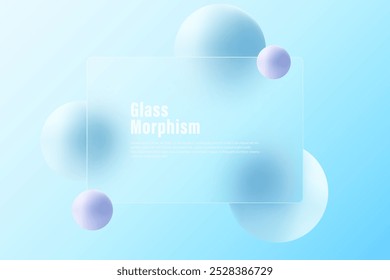 Glass morphism website landing page template. Frosted glass partition with floating 3D spheres.