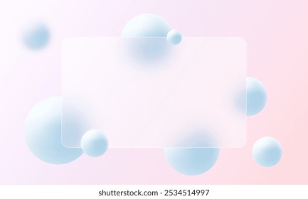 Glass morphism website landing page template. Frosted glass partition with floating spheres.
