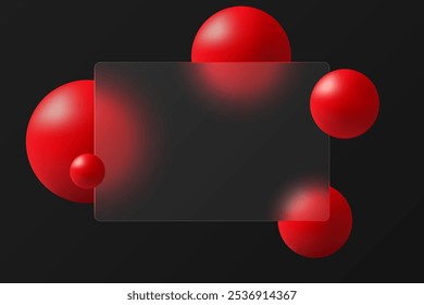 Glass morphism website landing page template. Black background with glass partition and floating red spheres.